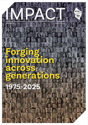The cover of IMPACT magazine issue 219, with the words "Forging innovation across generations 1975-2025" in yellow on top of a collage of hundreds of people's faces.